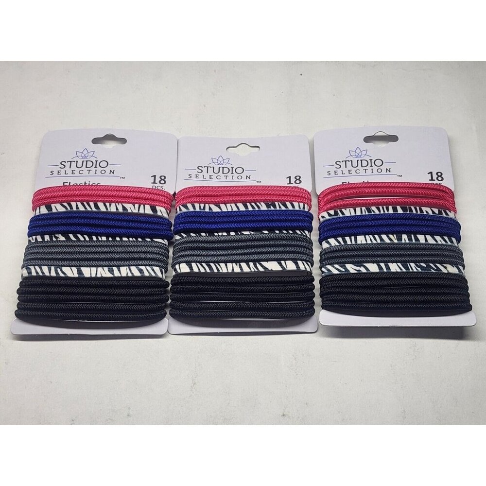 (3 pks) Pink/Zebra/Asst Colors 18 PCS STUDIO SELECTION ELASTICS~54 Hair Ties